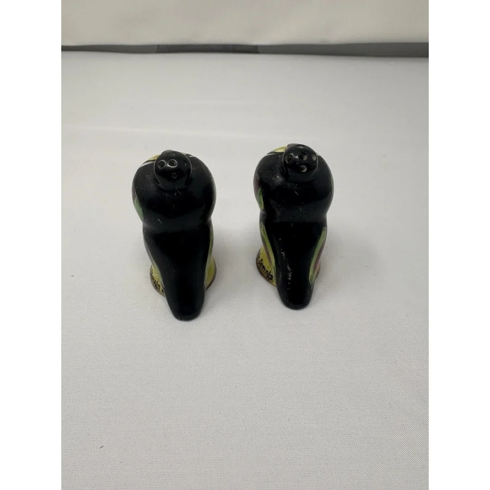 Hand Painted Puffy Bird Salt Pepper Shakers Purple Yellow Green 2 1/4 Japan Colo